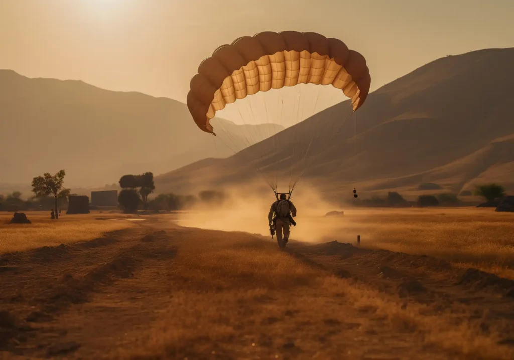 Solider touching ground with parachute